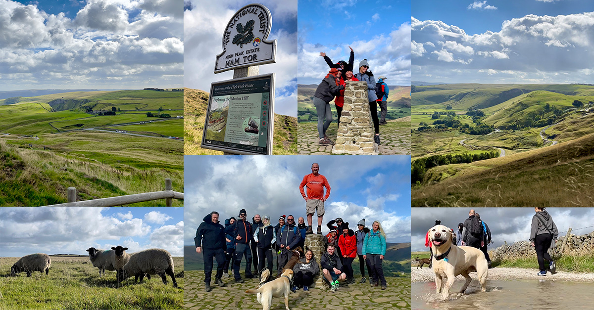 collage showcasing the fun employees had on hike at Mam Tor